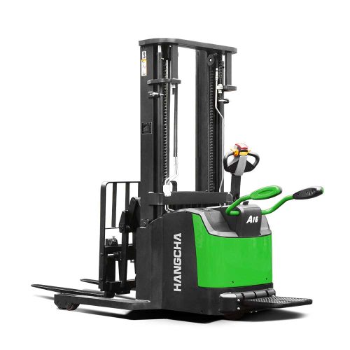 e5 A series high range stand-on pallet stacker with reach fork